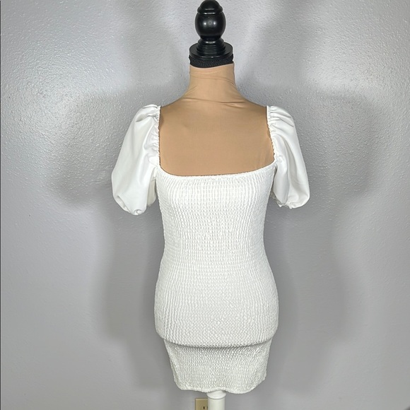 Romantic White Smocked Puff Sleeve Mini Dress Bridal Euro Summer Cottagecore - 6 - Picture 2 of 12
